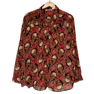 Erica Brooke Vintage Sheer Skeleton Rose Red Long Sleeve Button Up Shirt 3X